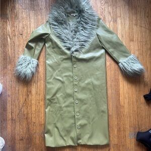 Olive Green Faux Fur Trim Leather Jacket